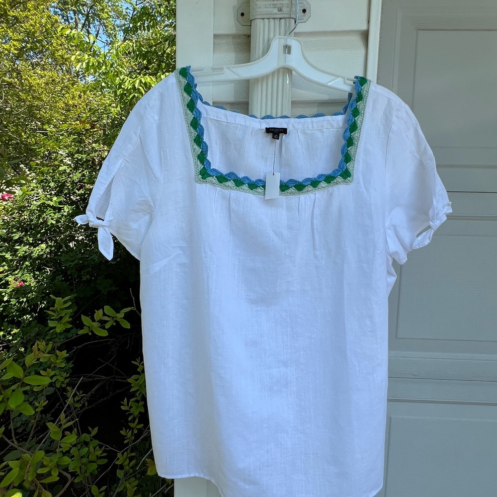 NWT Talbots Pretty White Blue Green Crochet Trim Square Neck Tie Sleeves